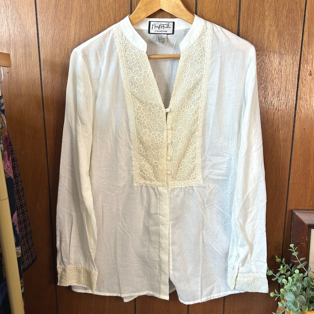 Mary McFadden Collection‎ Cream Lace Blouse Top Womens Size M Long Sleeve